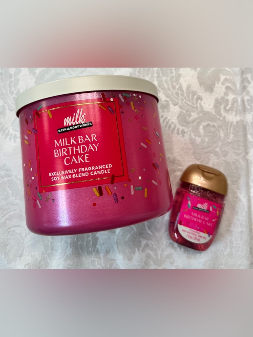 Bath & Body Works Milk Bar Birthday Cake Candle 3-Wick & Hand Sanitizer Gel NWT - Picture 3 of 8